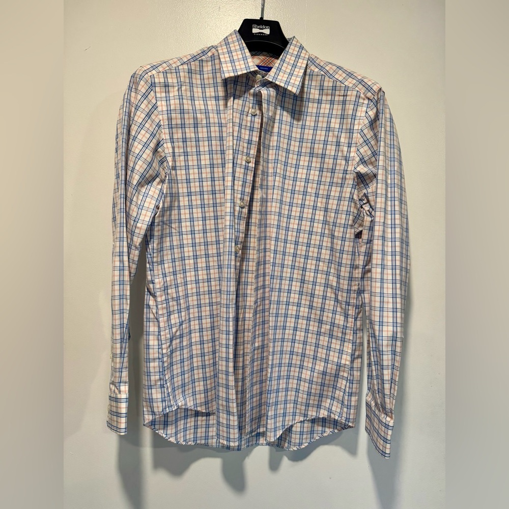 Egara White Dress Shirt with Blue & Tan Plaid